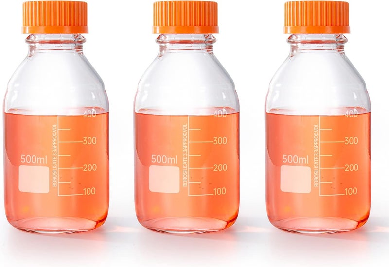 BKMAMLAB 500ml Round Media Storage Bottles with GL45 Screw Cap Borosilicate Glass Maximum temperature 249.8°F Pack of 3 - Image 1